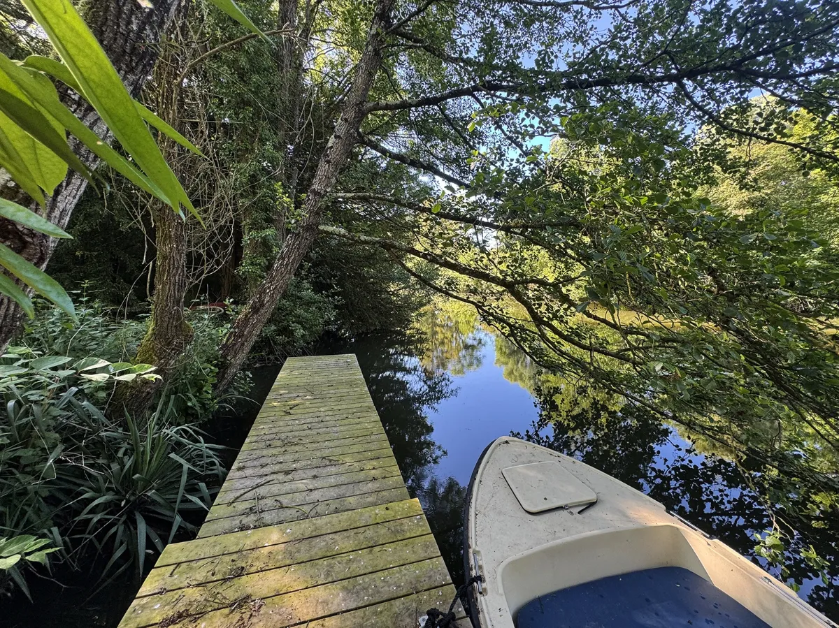 Ponton en bois patiné le long duquel est amarrée une barque, sous les arbres