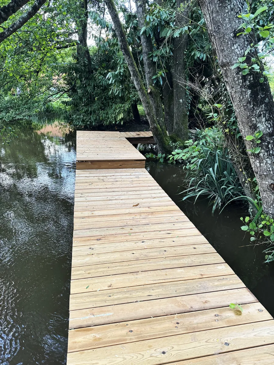 Ponton en bois suivant la courbe de la berge, sous un couvert d'arbres