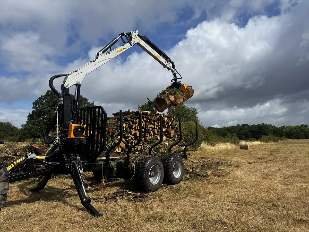 Grue forestière saisissant un billon au-dessus d'une remorque chargée, sous un ciel de nuages