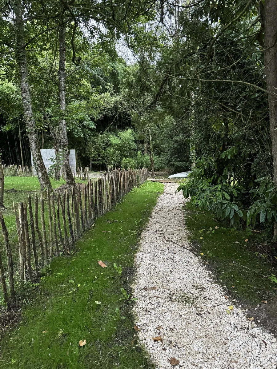 Ganivelle en piquets de châtaignier bordant une allée de gravier blanc, dans un sous-bois