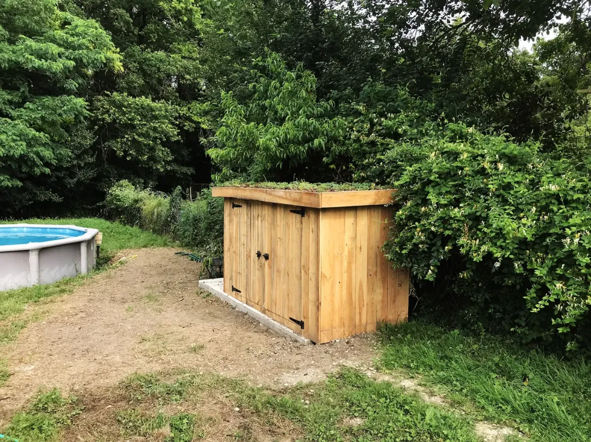 Local technique de piscine fermé, bardage bois et toiture végétalisée, à côté d'une piscine hors-sol