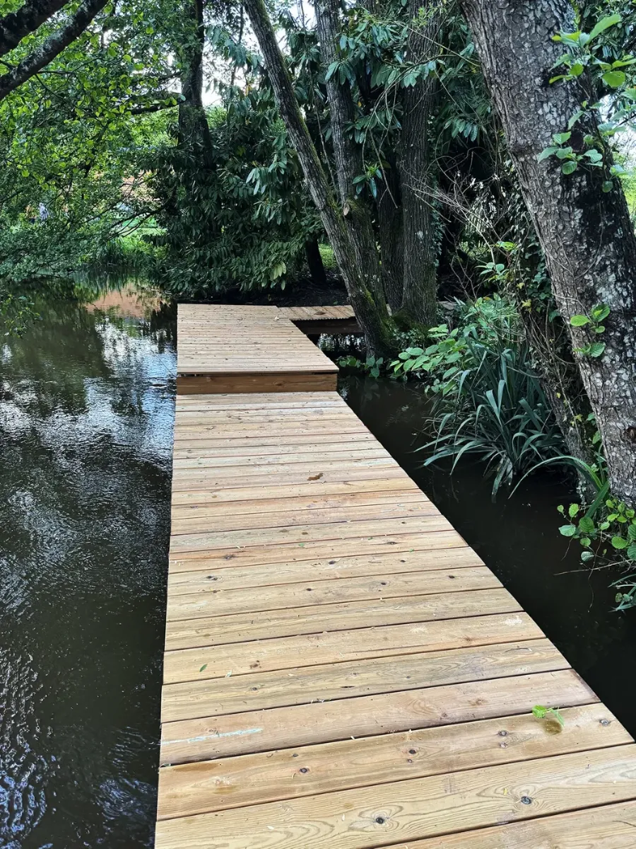 Ponton en bois prolongé d'une passerelle au-dessus d'une rivière, entre les arbres