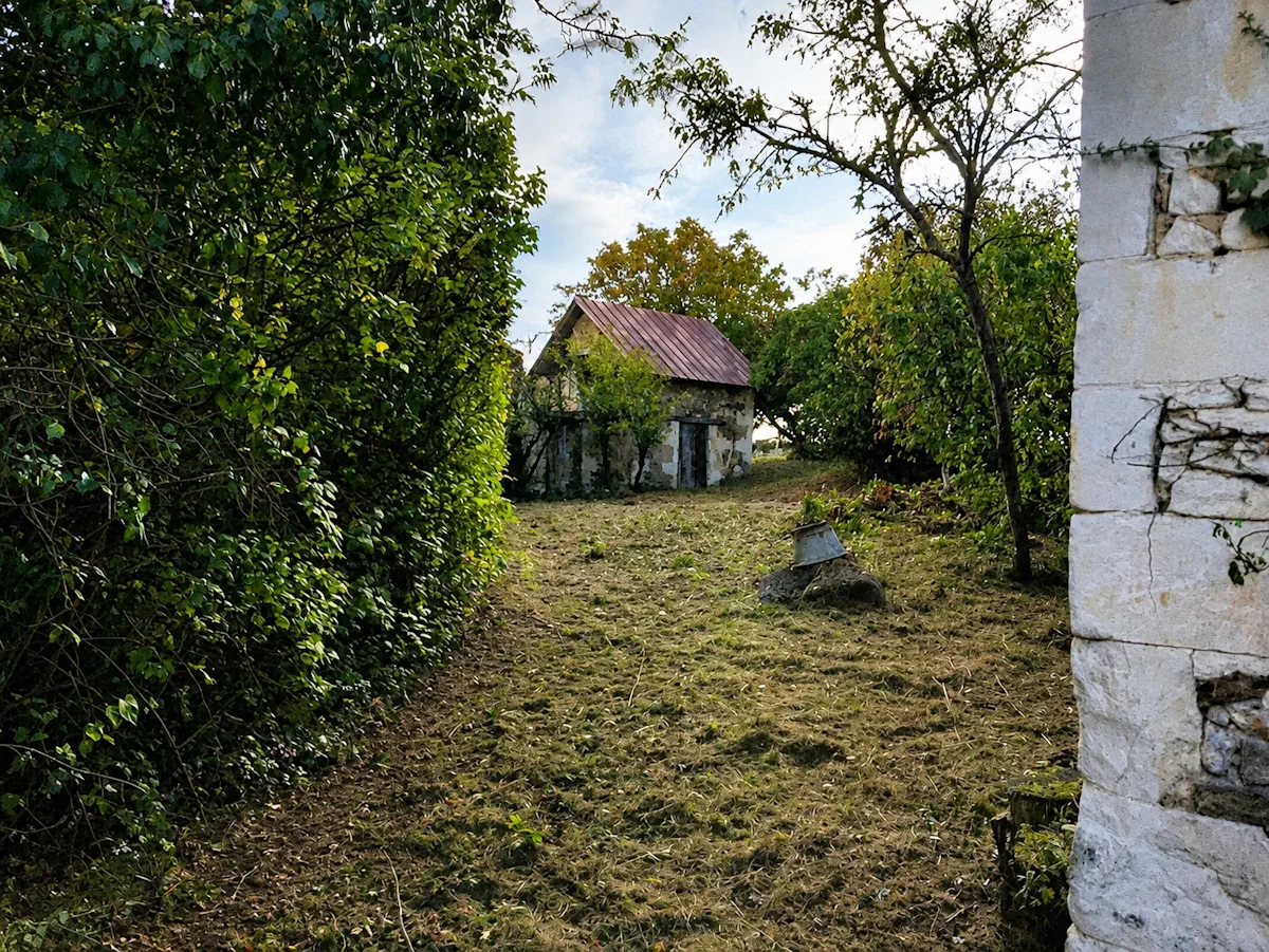 Allée fauchée menant à une grange de pierre ancienne, entre une haie et un pilier, en lumière d'automne