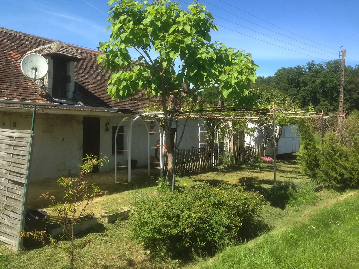 Jardin fauché devant une longère de pierre, tonnelle de vigne et arbustes conservés