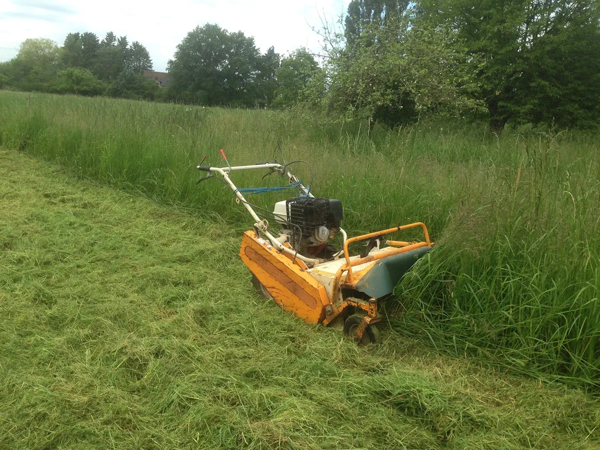 Débroussailleuse autotractée à l'arrêt entre l'herbe haute et la bande déjà fauchée
