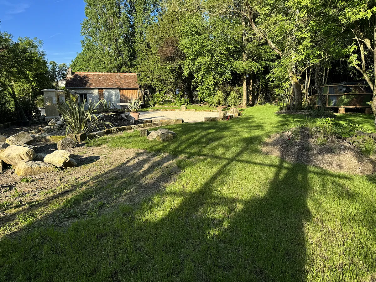 Pelouse bien installée dans un jardin de rocaille au soleil du soir, entre massifs de pierre et grands arbres