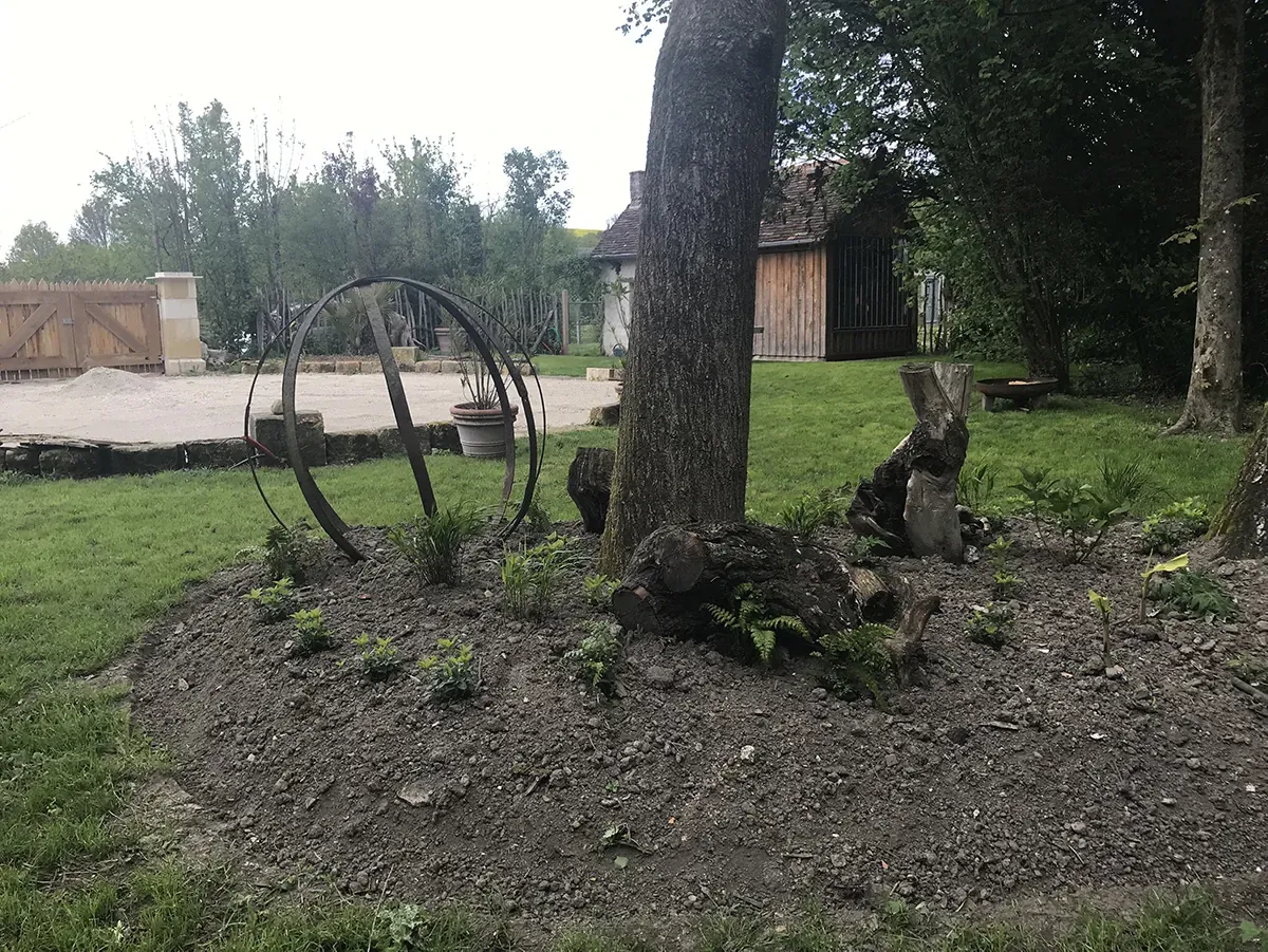 Armature sphérique en acier plantée dans un massif fraîchement planté, au pied d'un arbre