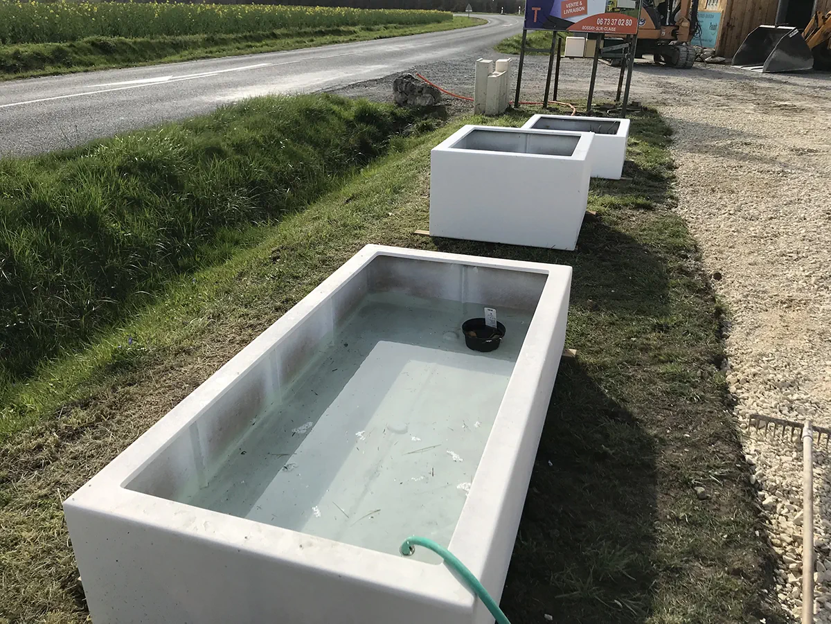 Grands bacs de béton blanc mis en eau en bordure de route, avant installation des plantes aquatiques