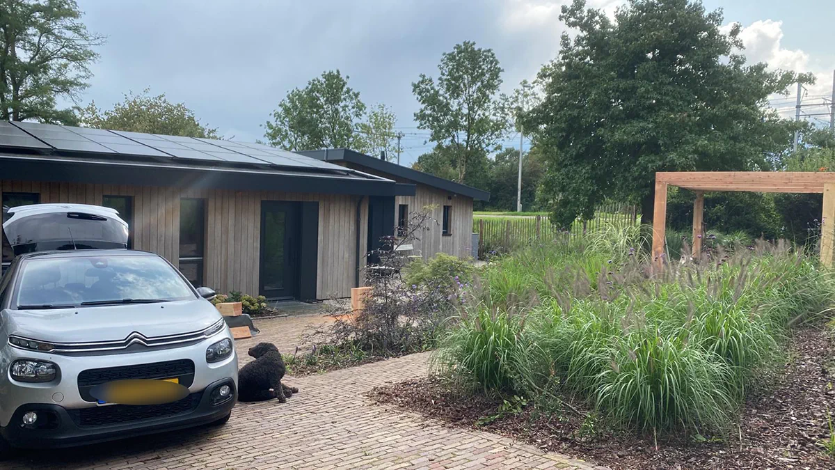 Grand massif de pennisetums et de vivaces bordant l'allée pavée d'une maison au bardage de bois