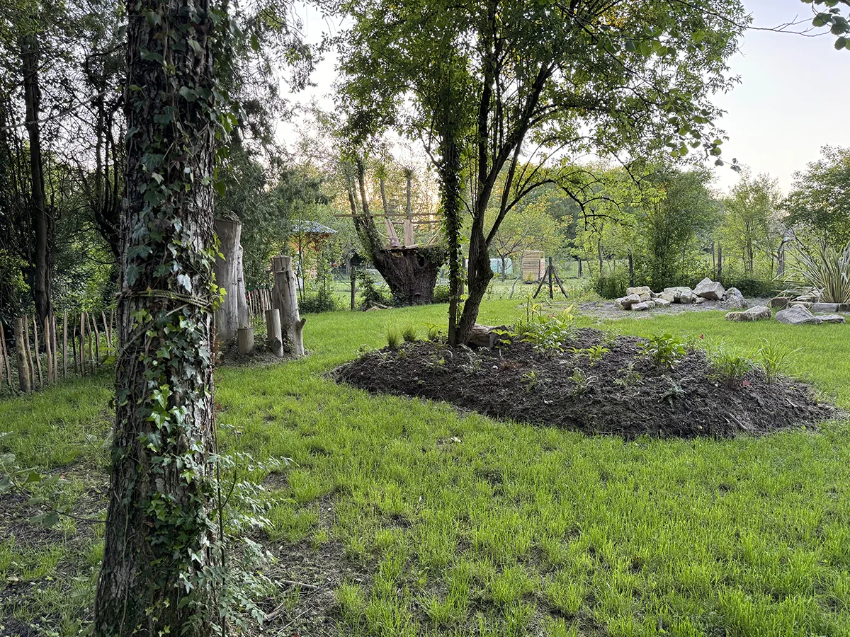 Massif fraîchement planté et travaillé au pied des arbres, dans un parc en lisière de sous-bois