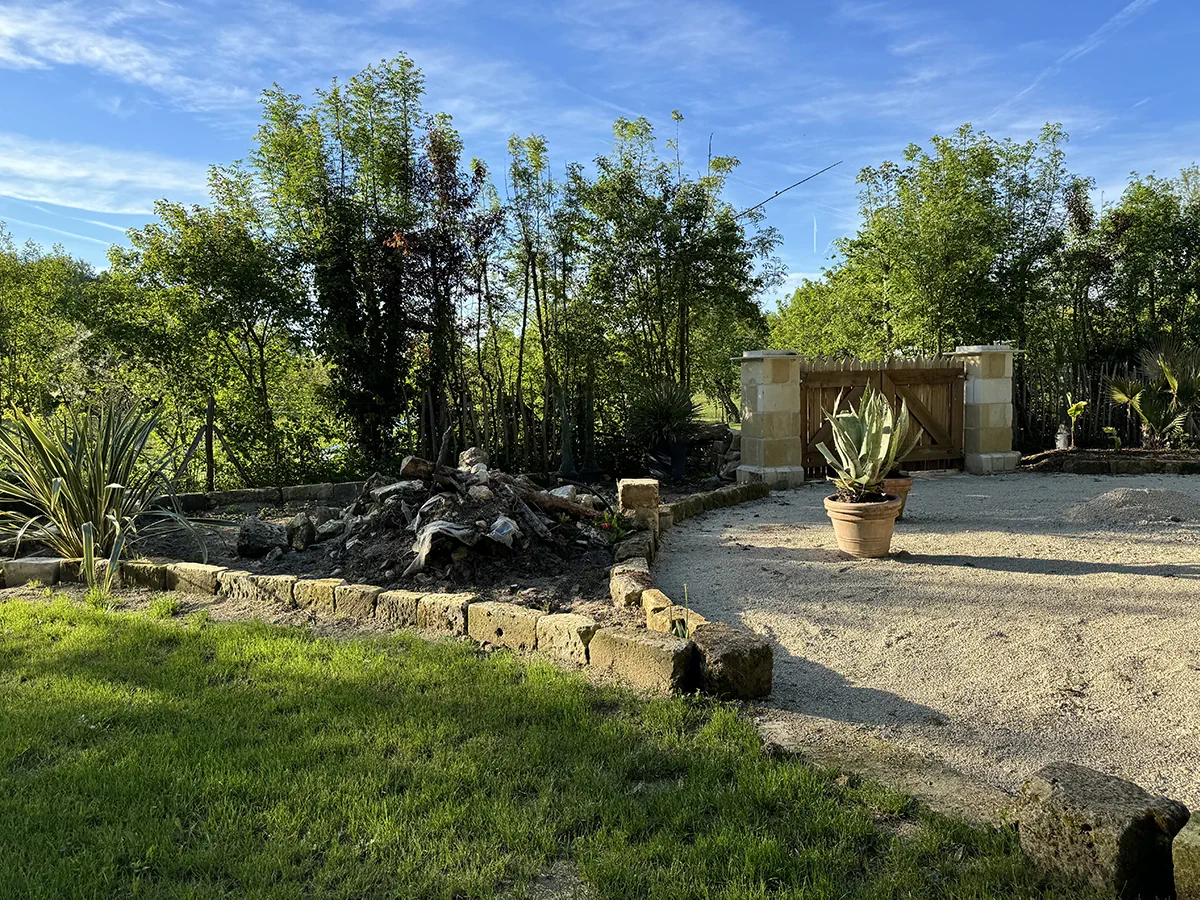 Massif de bambous et d'agaves derrière une bordure de pierre, le long d'une cour en gravier